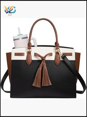 Leather Laptop Tote Bag with Cup Holder, Work Bag 15.6 Inch